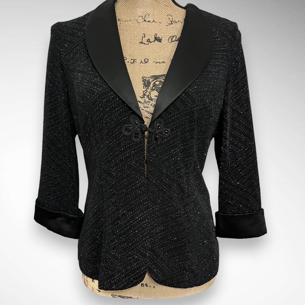 ALEX EVENINGS Black Evening Sparkle Knit Jacket Satin Lapels & Cuffs Vintage